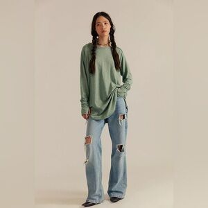 We The Free Army Green Free People Arden Long Sleeve Tee, Size Large